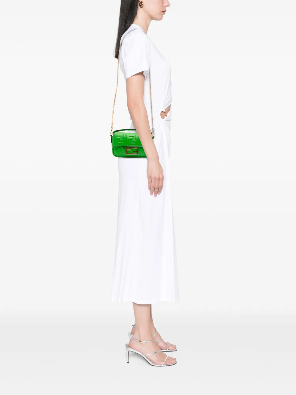 Pre-owned Fendi 2010-2025 Mini Zucca Embossed Leather Baguette Satchel In Green