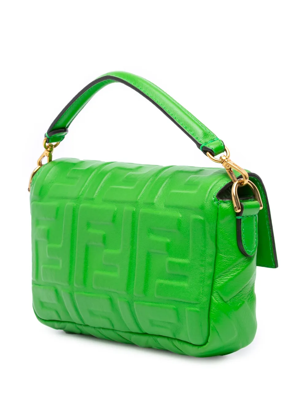 Pre-owned Fendi 2010-2025 Mini Zucca Embossed Leather Baguette Satchel In Green