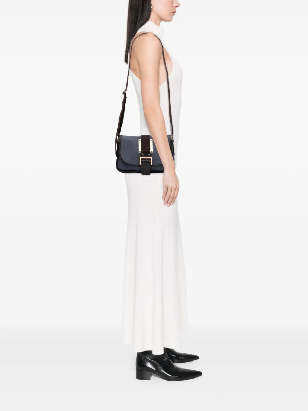 Pre-owned Fendi 2000-2010 Zucca Trimmed Denim Buckle Flap Bag Crossbody Bag In Blue