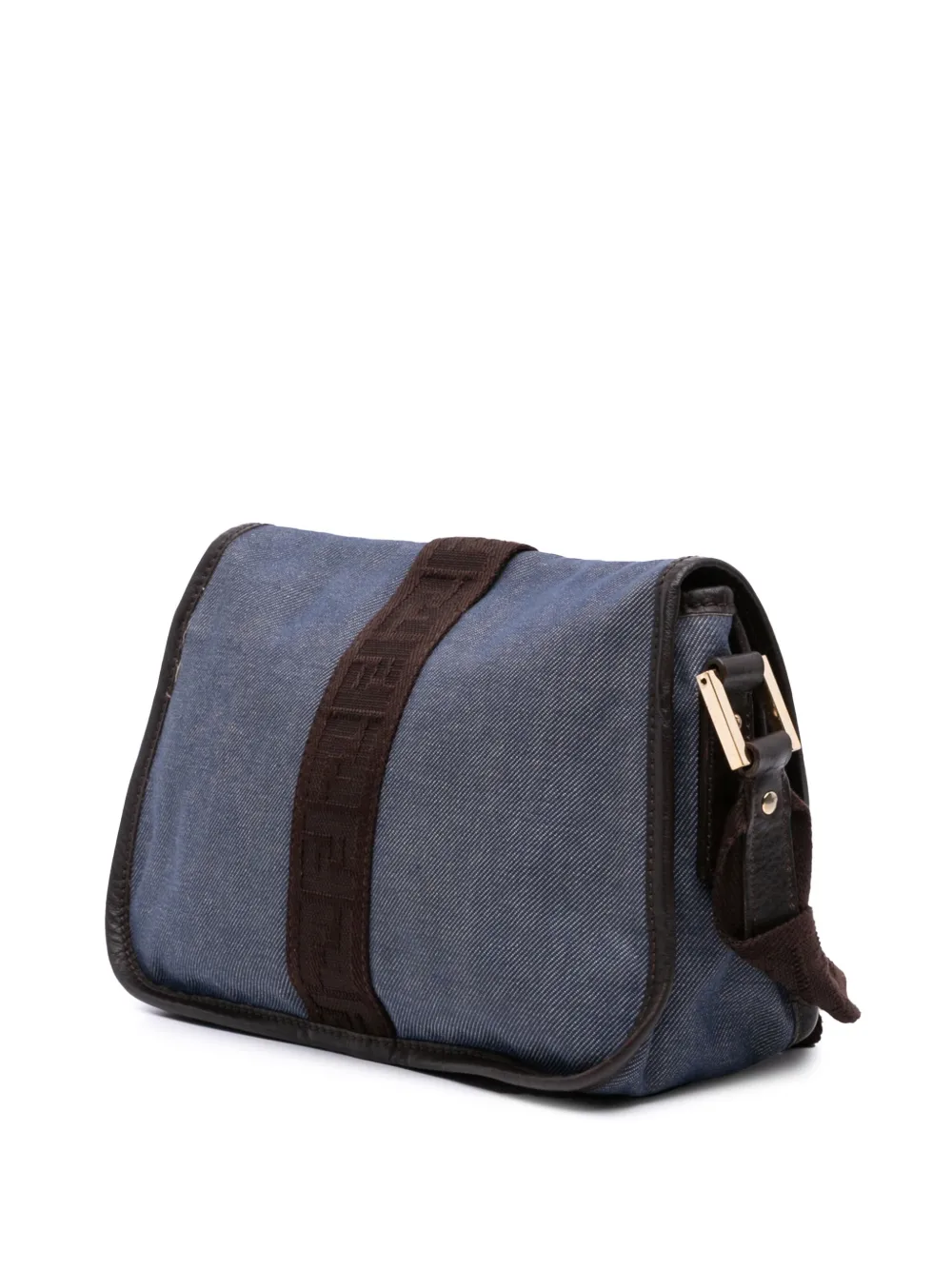 Pre-owned Fendi 2000-2010 Zucca Trimmed Denim Buckle Flap Bag Crossbody Bag In Blue