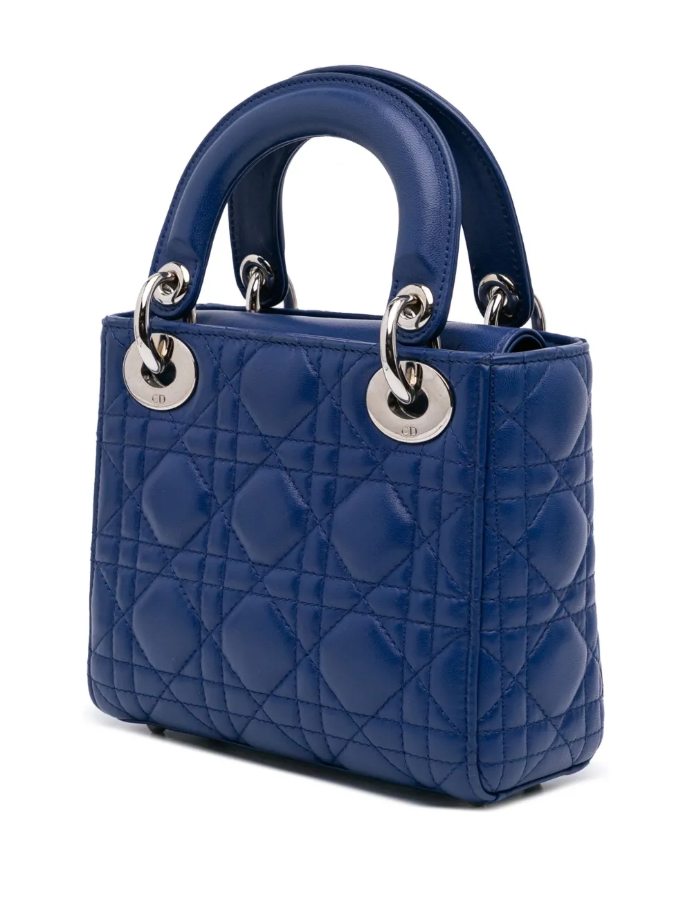 Pre-owned Dior 2015 Mini Lambskin Cannage Lady  Satchel In Blue