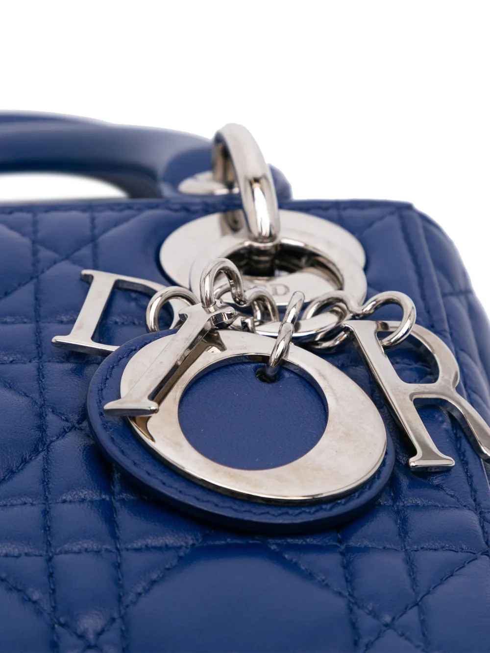 Pre-owned Dior 2015 Mini Lambskin Cannage Lady  Satchel In Blue