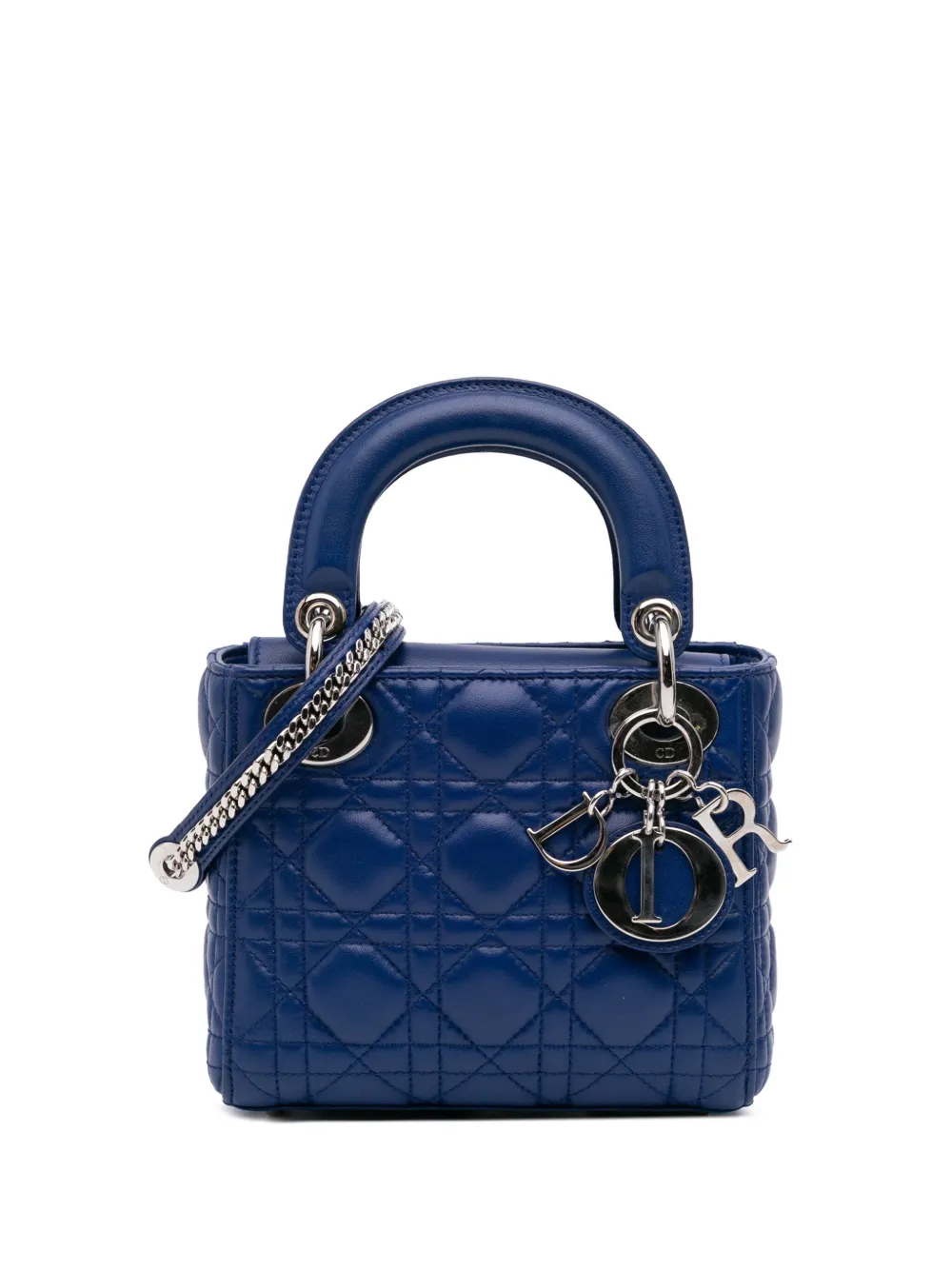 Pre-owned Dior 2015 Mini Lambskin Cannage Lady  Satchel In Blue