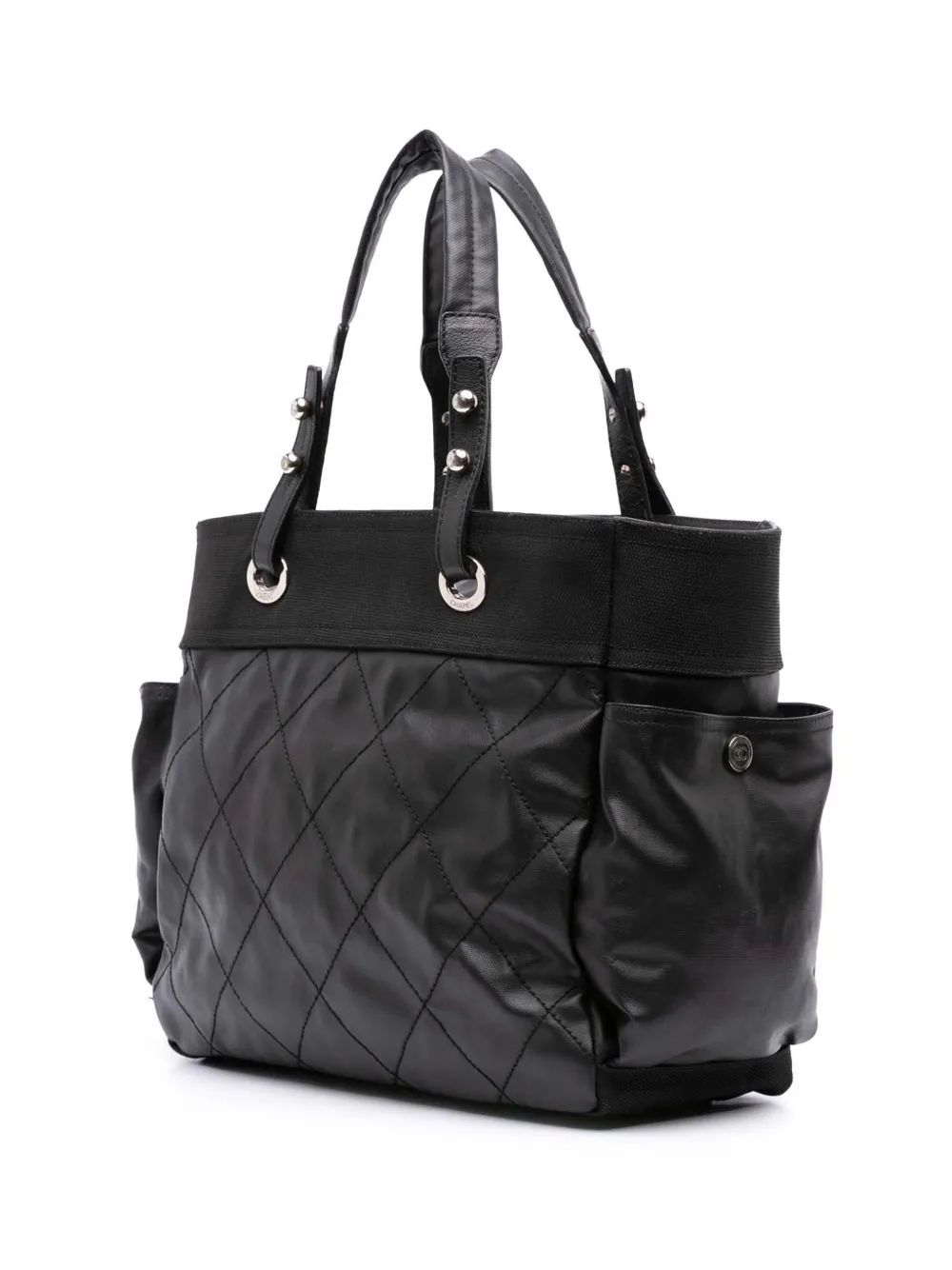Pre-owned Chanel 2006-2008 Paris Biarritz Large Quilted Coated Canvas Tote Bag In Black