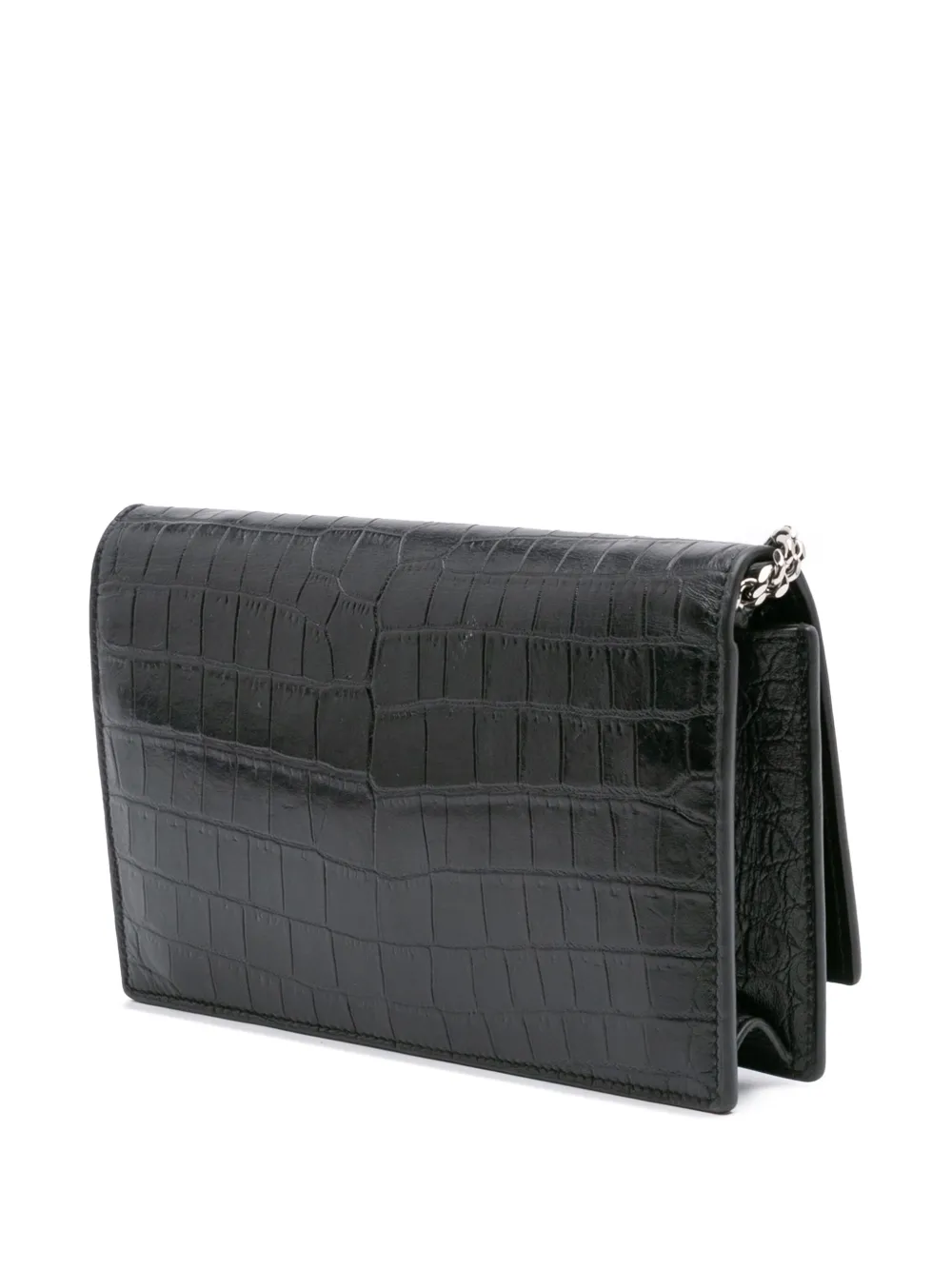 Pre-owned Saint Laurent 2017 Croc Embossed Leather Monogram Kate Tassel Wallet On Chain Crossbody Bag In Black