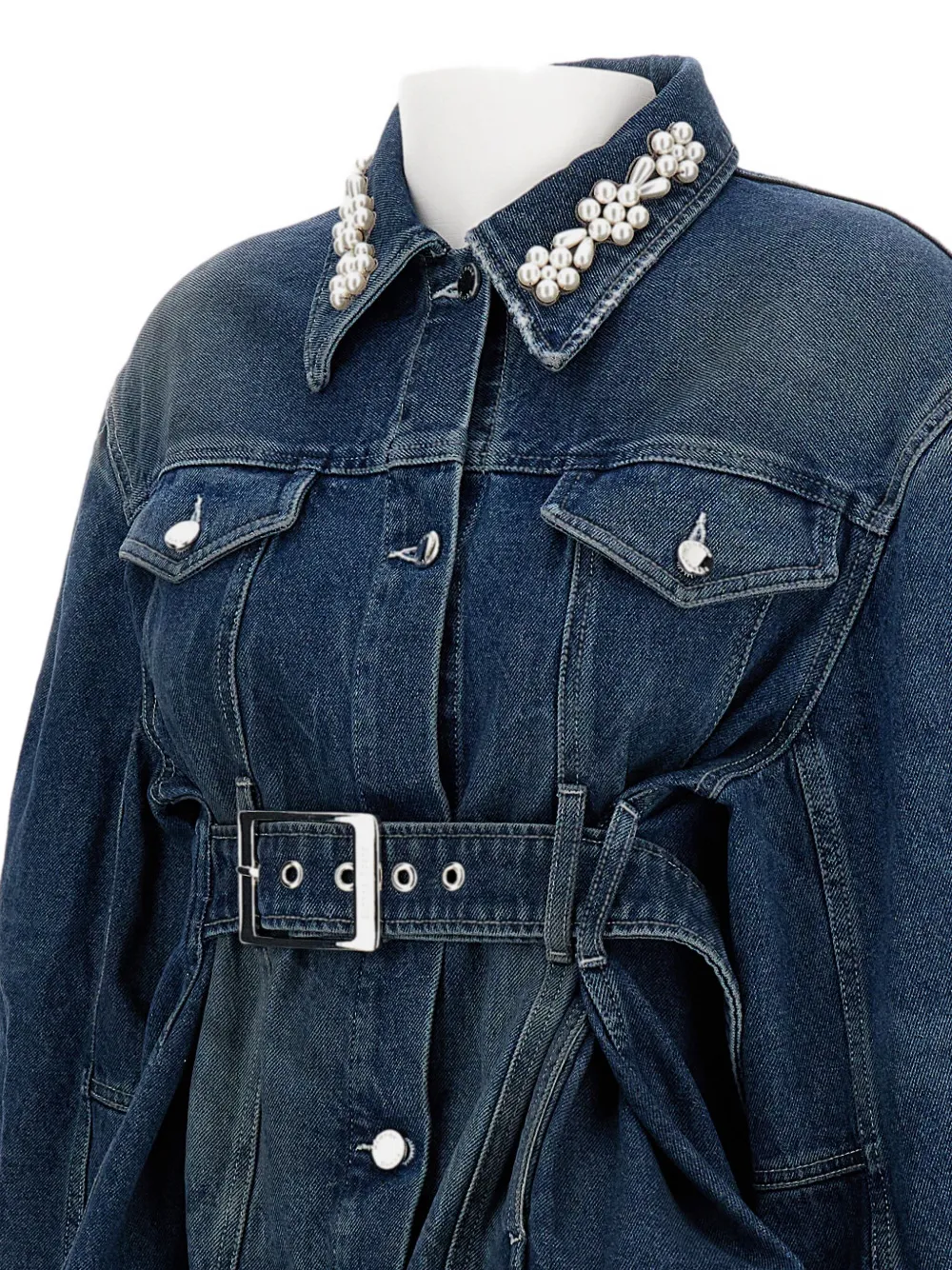 Simone Rocha Denim Jacket With Belt And Embellished Collar In Blue