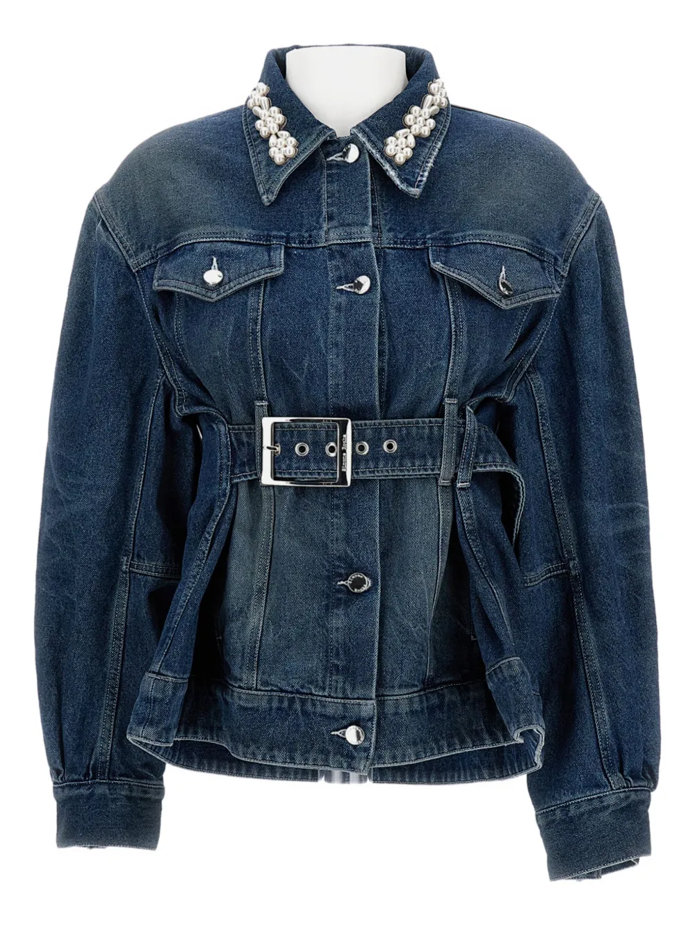 Simone Rocha Denim Jacket With Belt And Embellished Collar In Blue