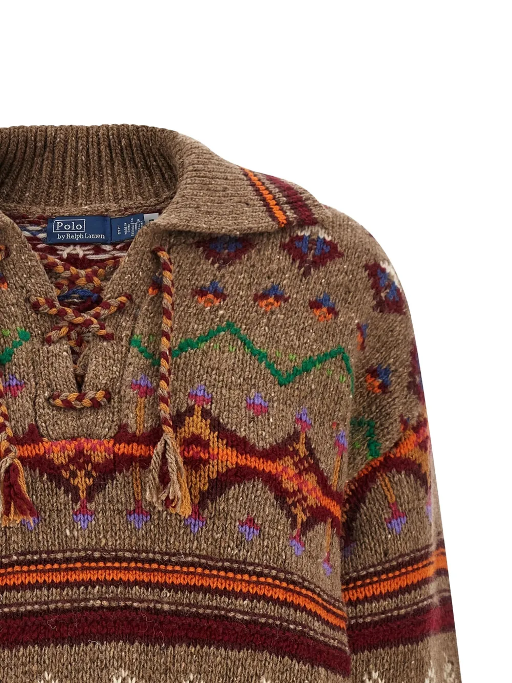 Polo Ralph Lauren Jacquard Patterned Wool Sweater With Lace-up V-neck In Neutral