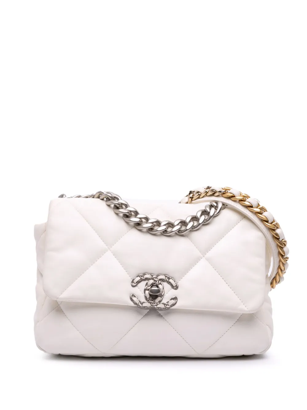 Pre-owned Chanel 2021-2025 Medium Lambskin 19 Flap Satchel In White