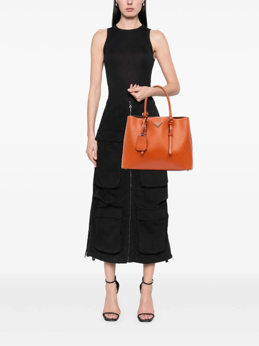 Pre-owned Prada 2000-2025 Medium Saffiano Cuir Double Satchel In Orange
