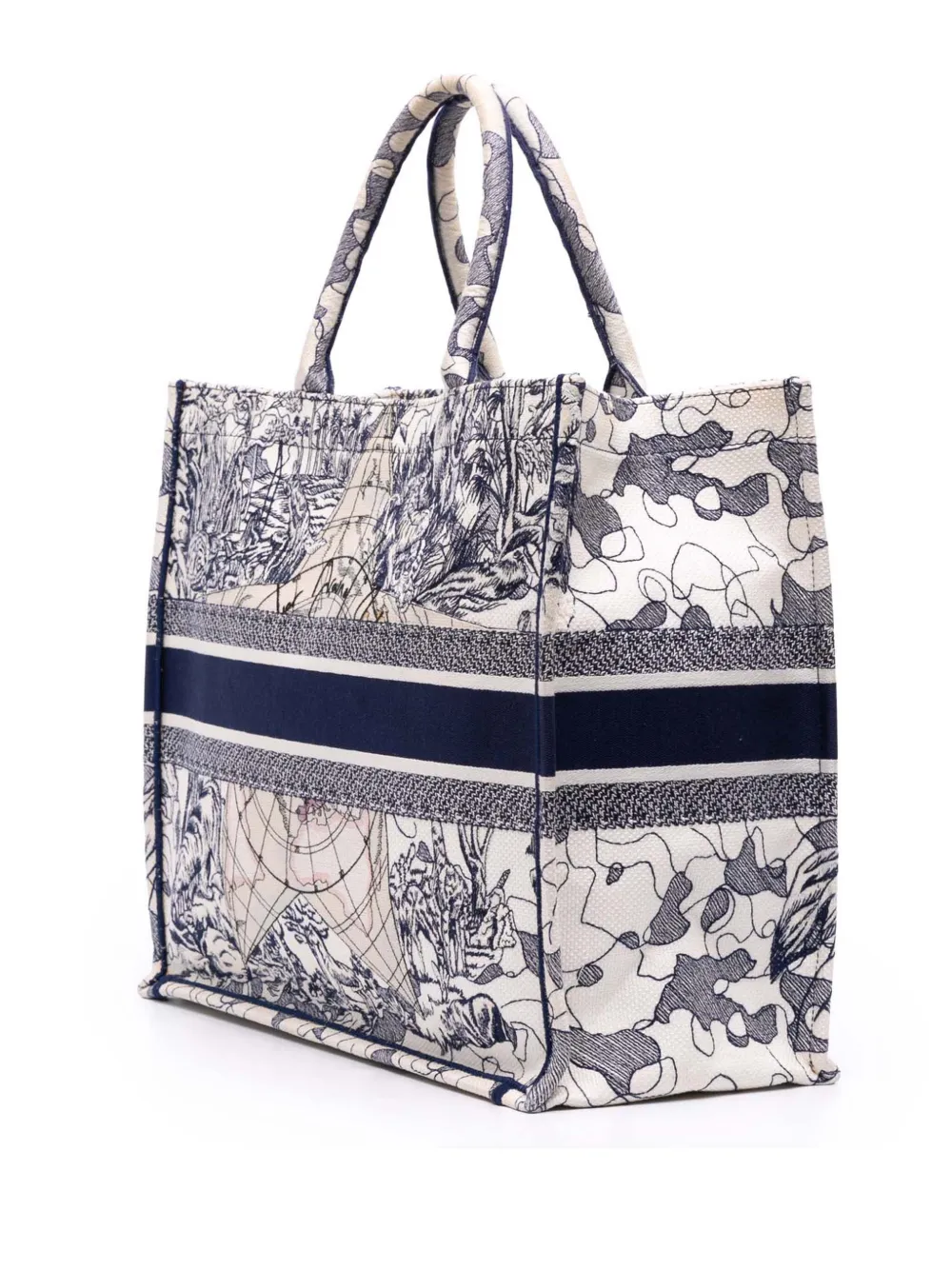 Pre-owned Dior 2020 Large Canvas Embroidered Around The World Book Tote Bag In Blue
