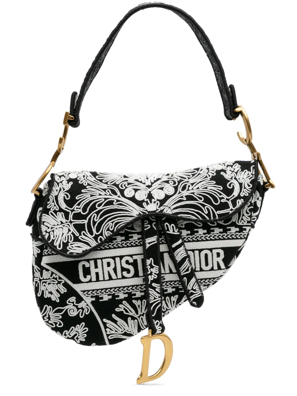Pre-owned Dior 2002 Canvas Embroidered Ornamental Cornely Saddle Bag Shoulder Bag In Black