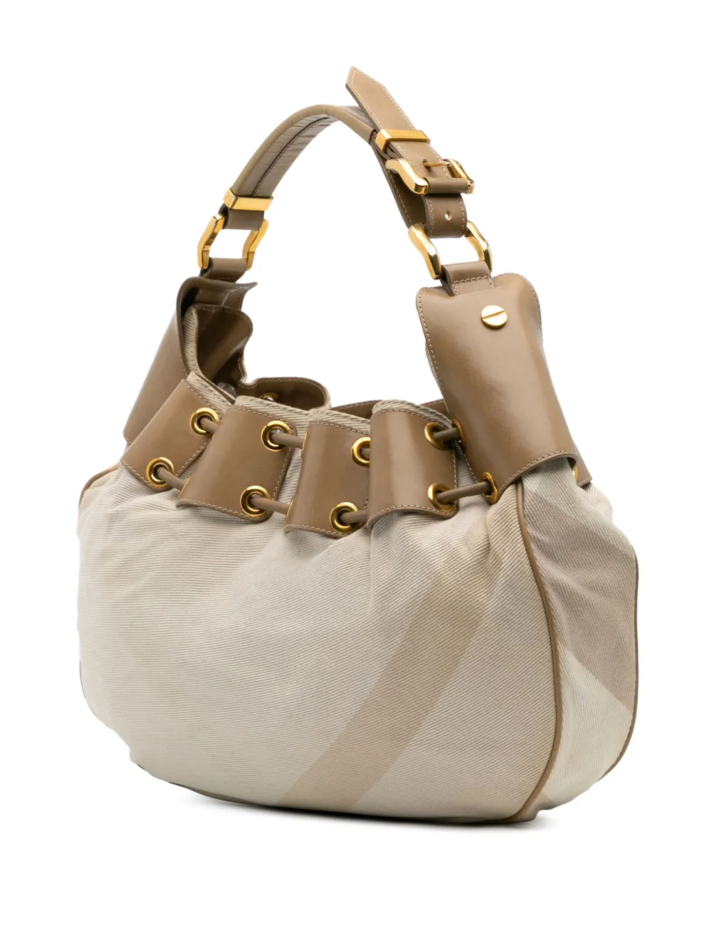 Pre-owned Burberry 2000-2017 Small Leather And Mega Nova Check Canvas Warrior Hobo Bag In Brown
