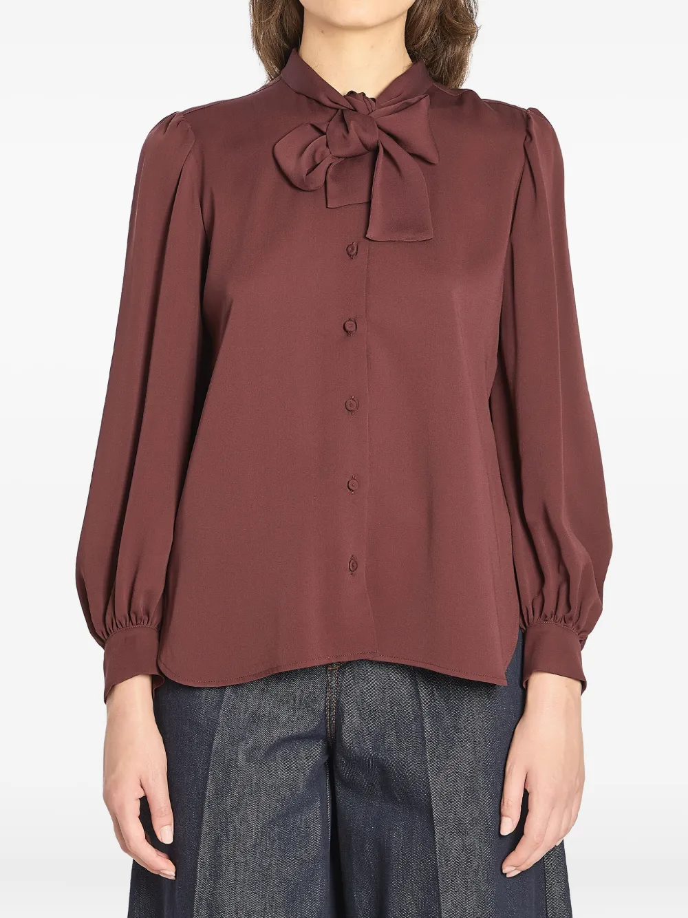Max Mara Puff-sleeve Bow Blouse In Brown