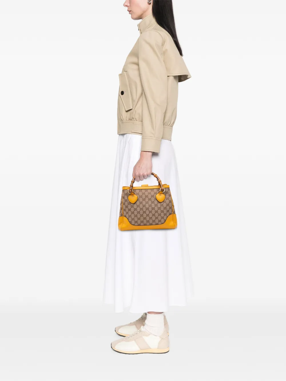 Pre-owned Gucci 2016-2025 Small Gg Canvas Diana Bamboo Top Handle Tote Satchel In Yellow