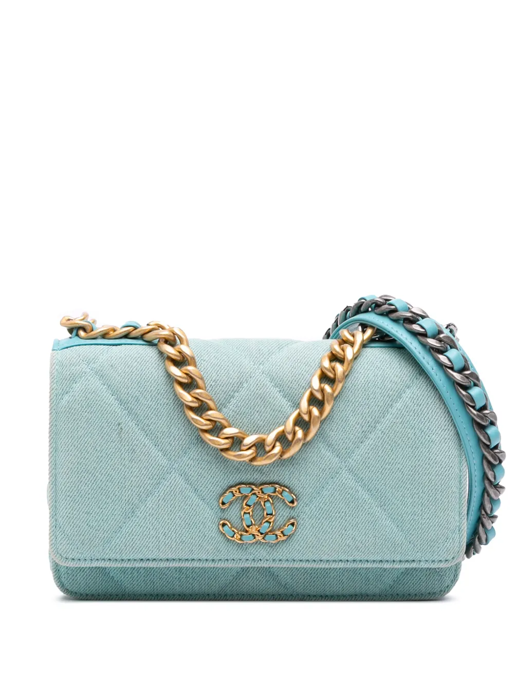 Pre-owned Chanel 2021 Denim 19 Wallet On Chain Satchel In Blue