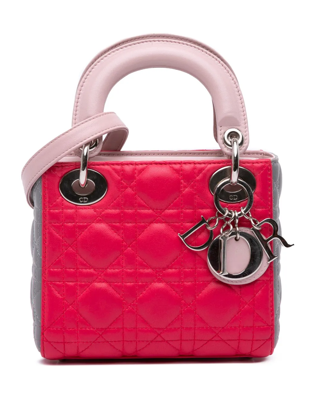 Pre-owned Dior 2014 Mini Tricolor Lambskin Cannage Lady  Satchel In Pink