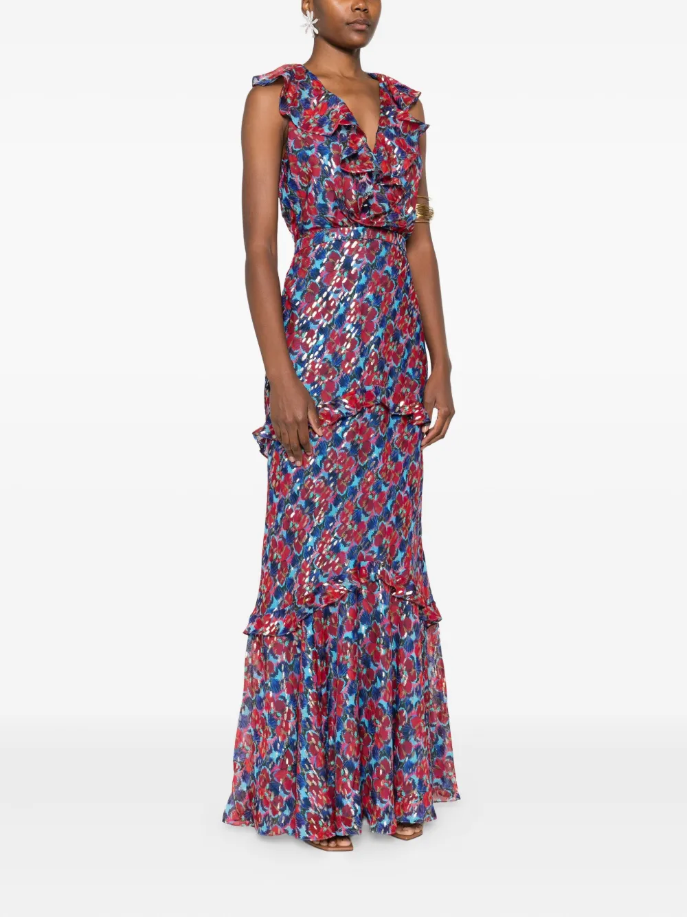 Saloni Rita Ruffle-detail Printed Maxi Dress In Blue