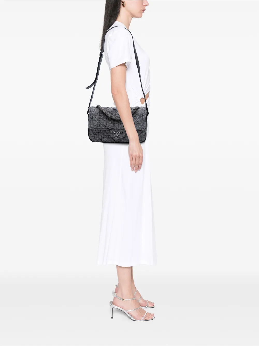 Pre-owned Chanel 2011 Quilted Wool And Calfskin Single Flap Satchel In Black