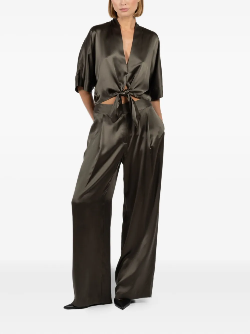 The Sei Broek met satijnen-effect en plooein - Groen