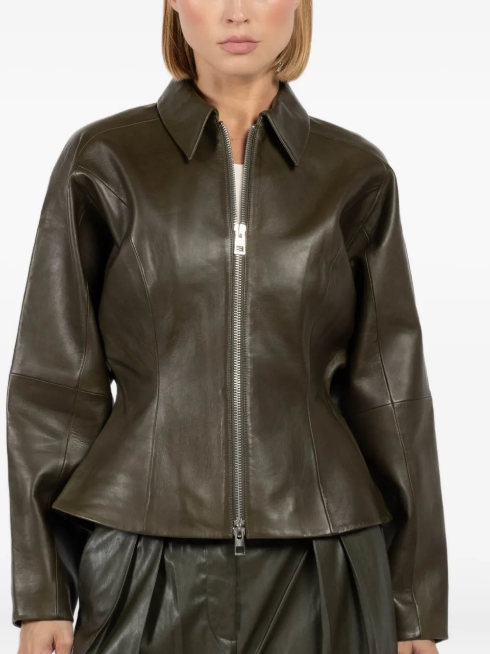 The Sei zip-front fitted leather jacket | Green | Image 1