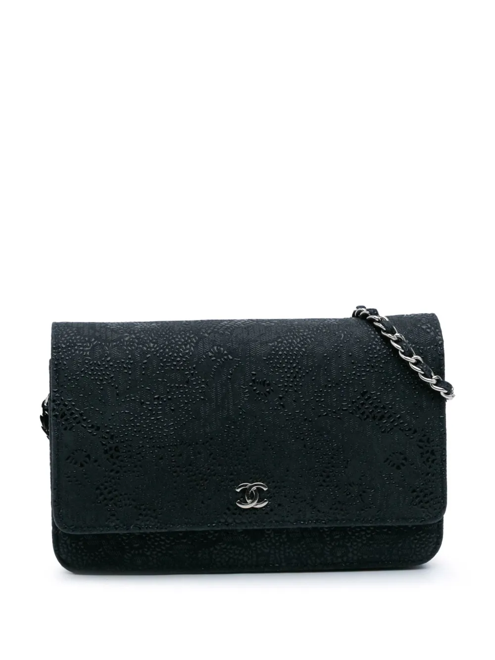 Pre-owned Chanel 2013-2014 Lace Overlay Goatskin Wallet On Chain Crossbody Bag In Blue