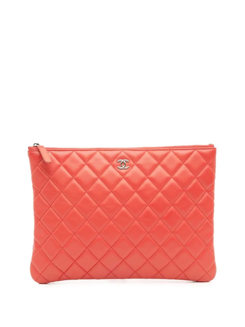 Pre-owned Chanel 2016-2017 Medium Quilted Lambskin O Case Clutch Bag In Red