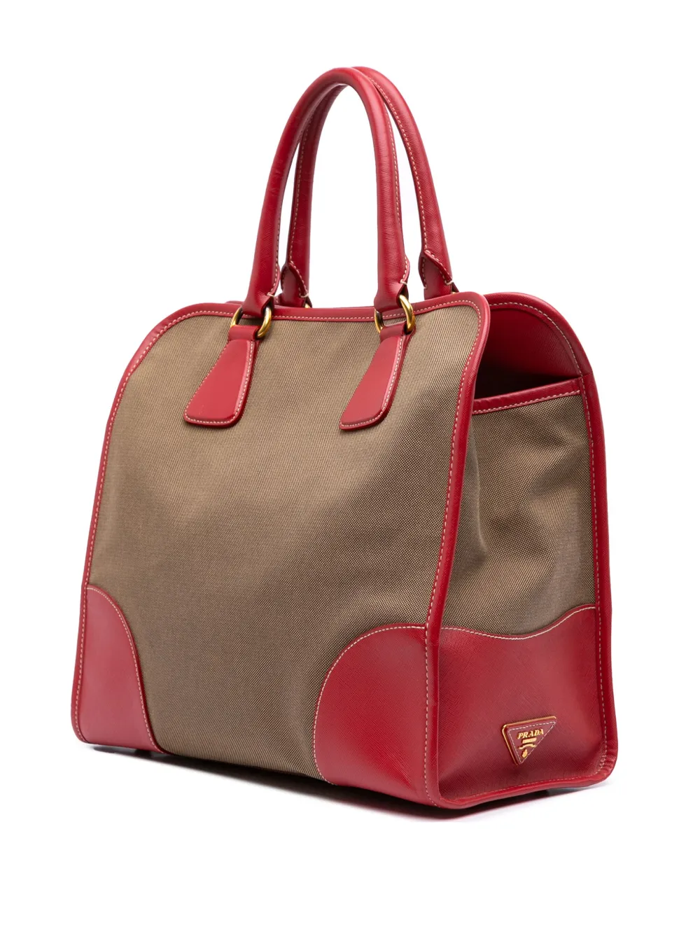 Pre-owned Prada 2000-2025 Saffiano Trimmed Canvas Canapa Logo Satchel In Brown