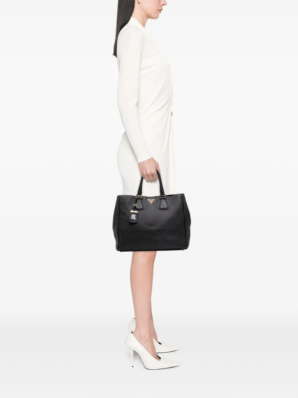 Pre-owned Prada 2000-2025 Vitello Daino Open Convertible Tote Satchel In Black