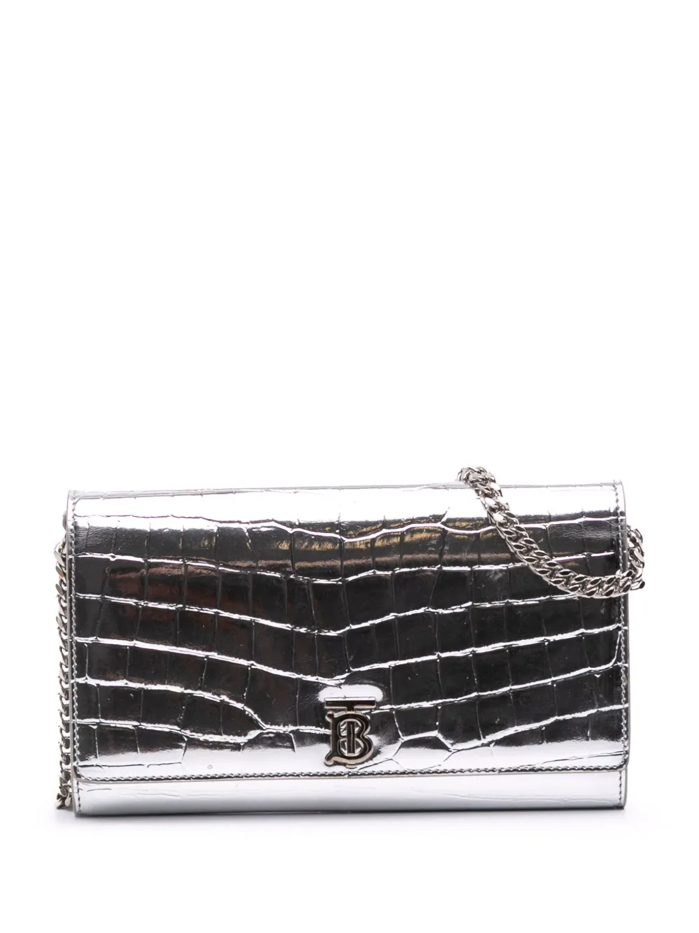 Burberry Pre-Owned 2017-2025 Croc Embossed Metallic Calfskin Hannah Wallet On Chain crossbody bag | Silver | Image 1