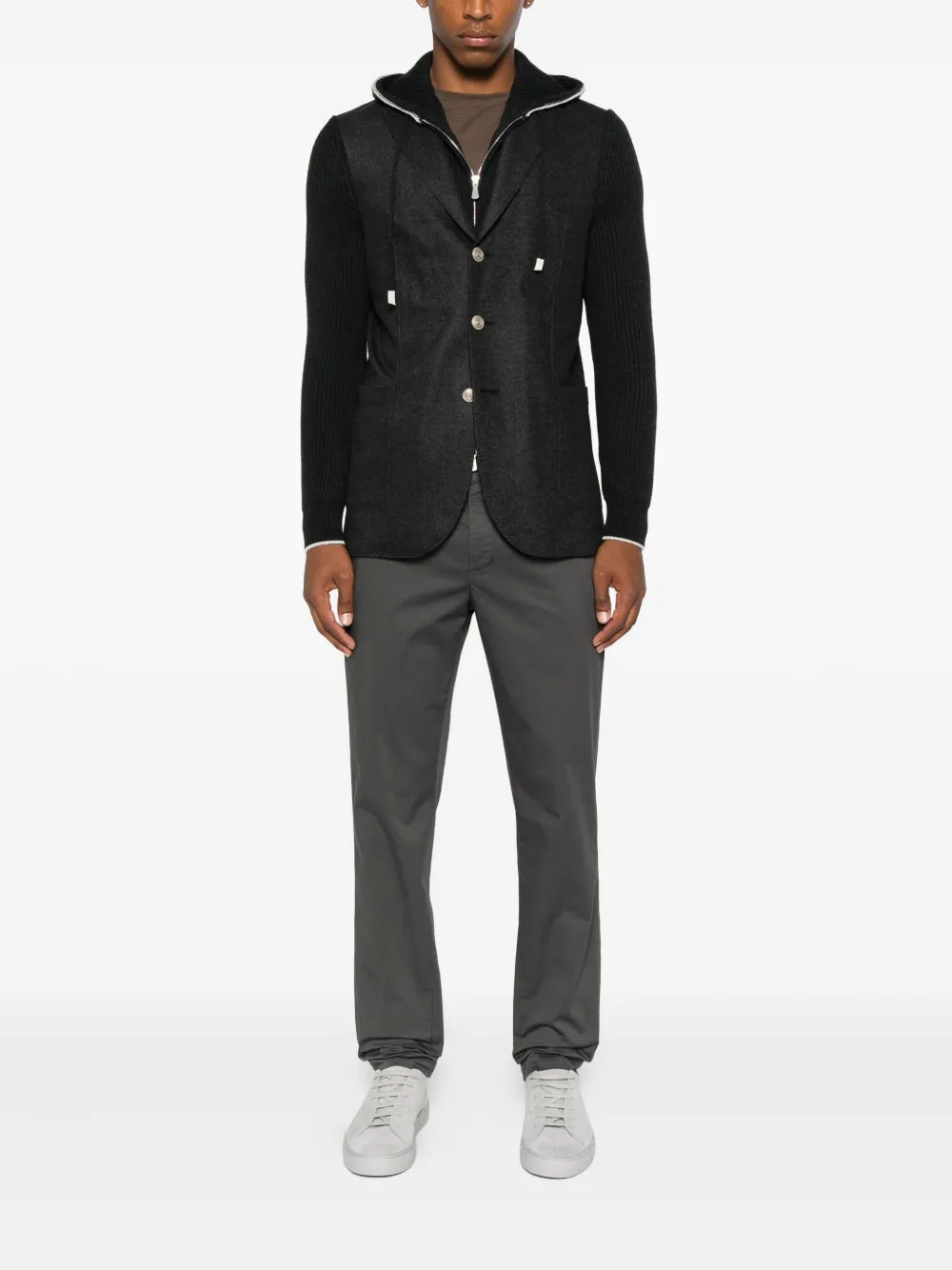 Eleventy Hooded Blazer With Ribbed Sleeves And Pockets In Black