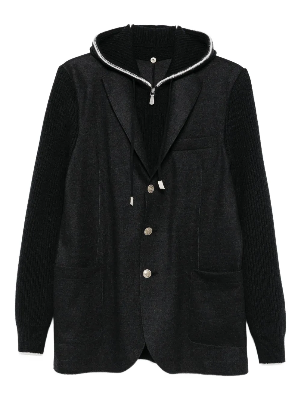 Eleventy Hooded Blazer With Ribbed Sleeves And Pockets In Black