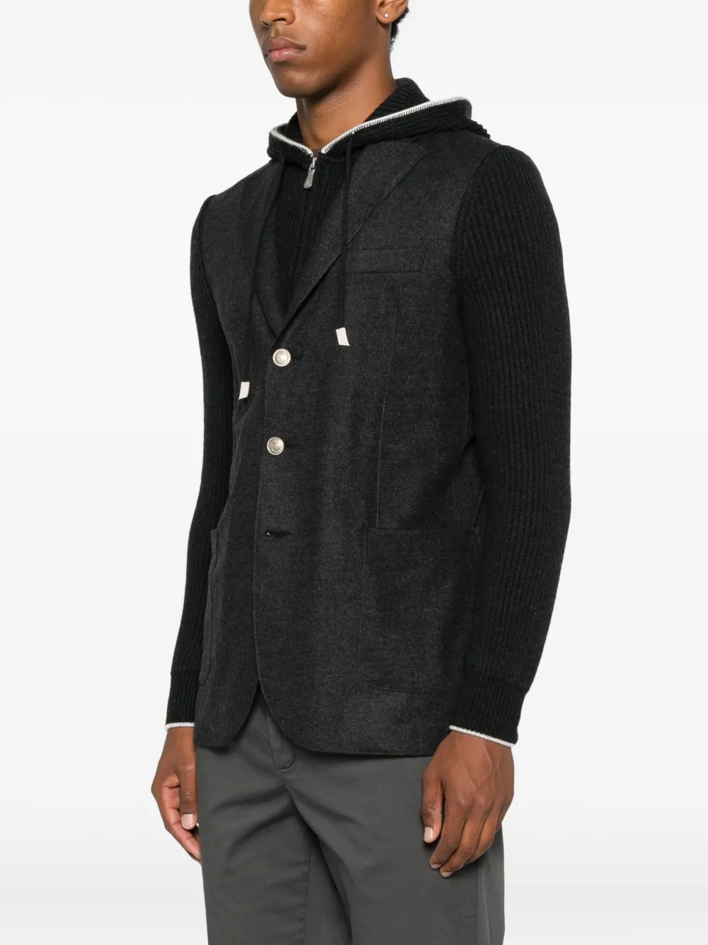 Eleventy Hooded Blazer With Ribbed Sleeves And Pockets In Black