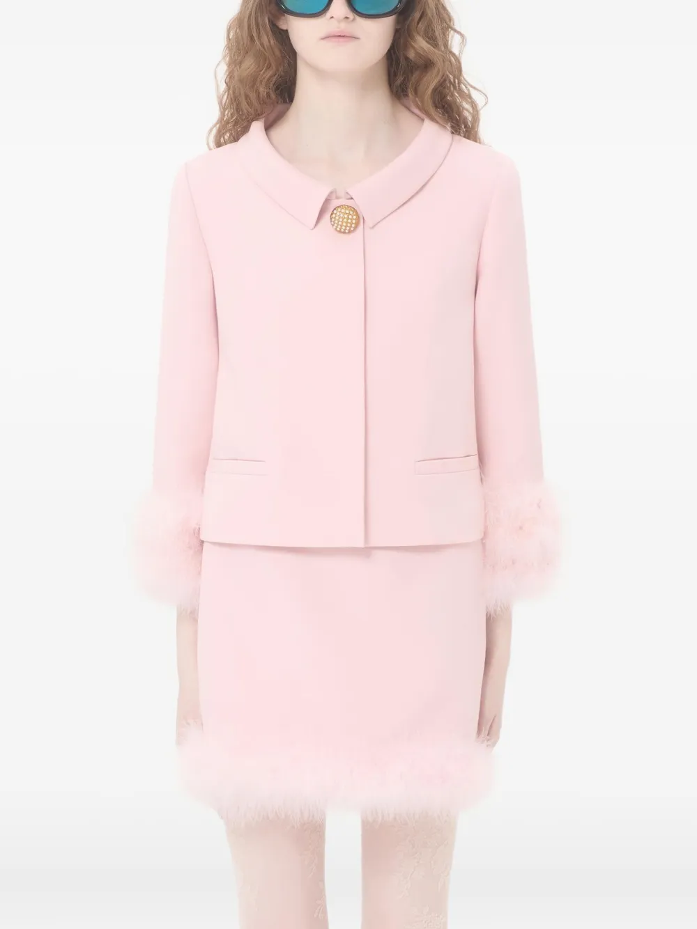 Valentino Jacket Collar Detail Cropped Length Faux Fur Cuffs In Pink