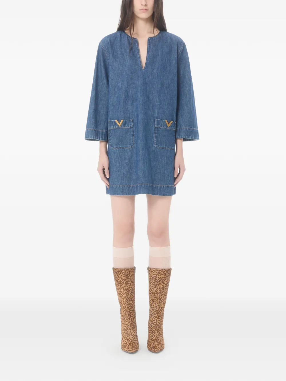Valentino Garavani Chambray mini-jurk met V-hals Blauw