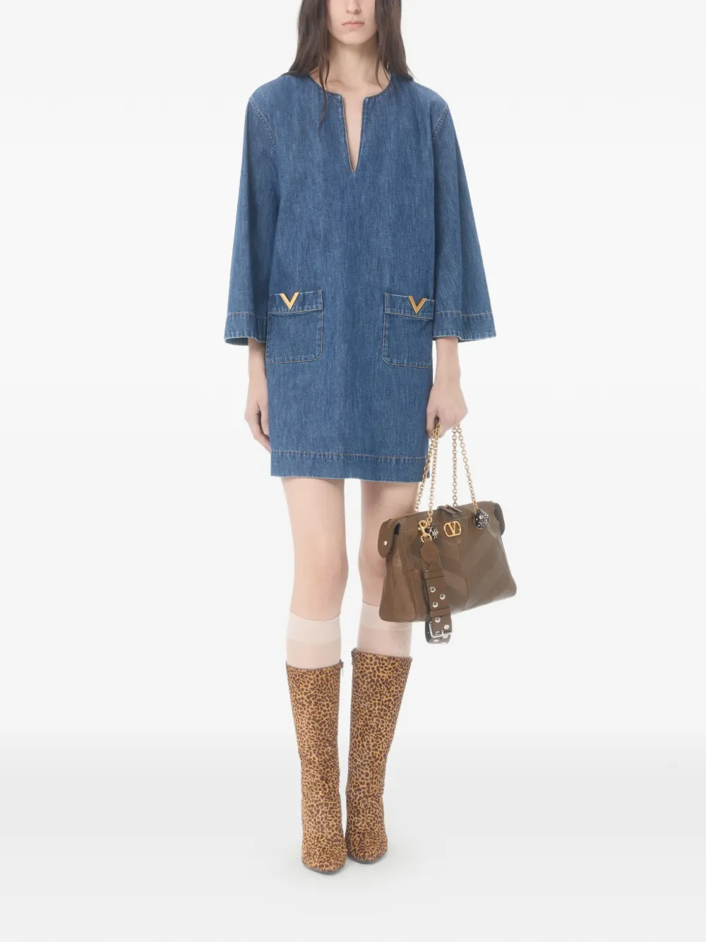 Valentino Garavani Chambray mini-jurk met V-hals - Blauw