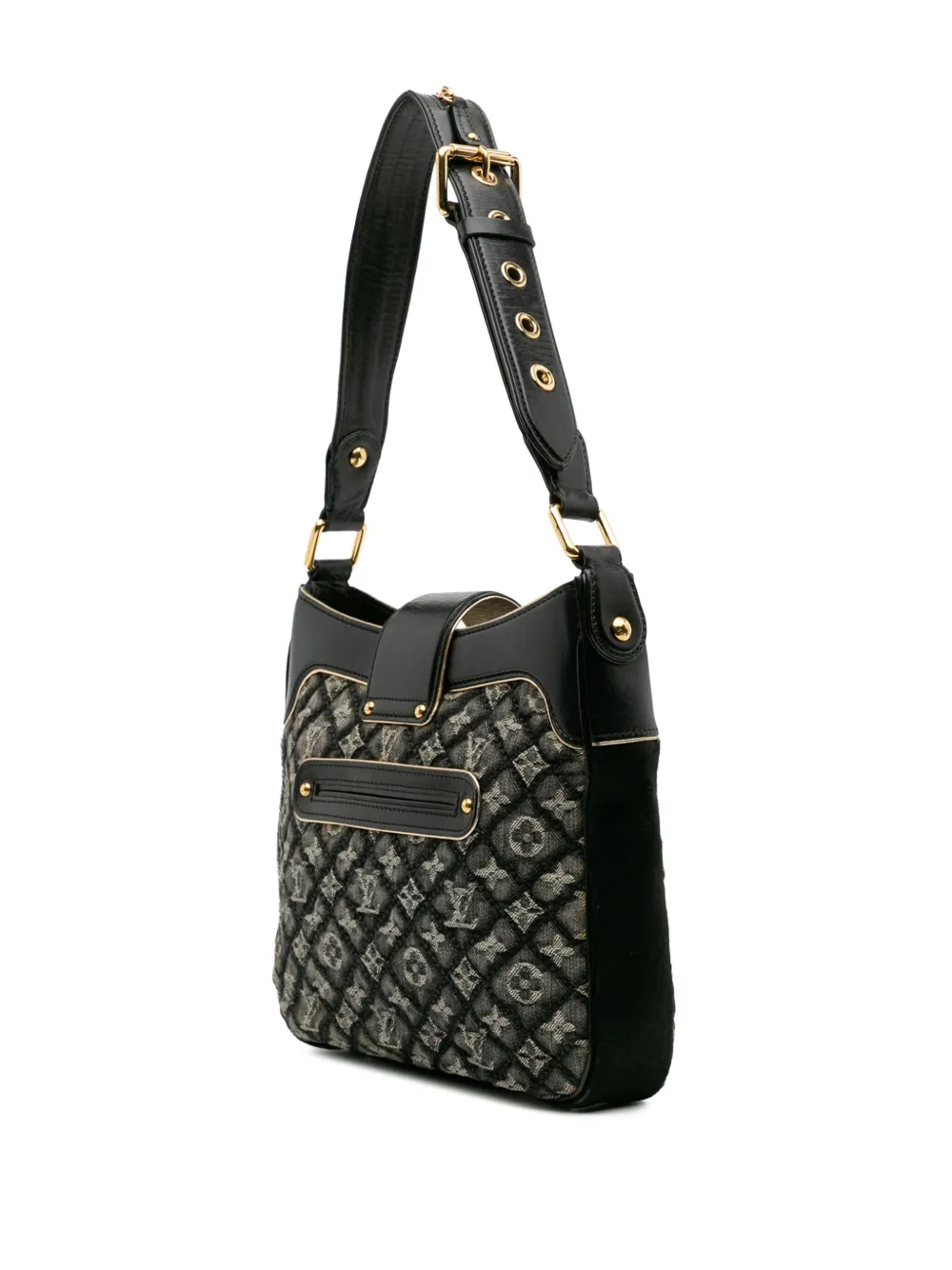 Pre-owned Louis Vuitton 2006 Quilted Monogram Denim Musette Shoulder Bag In Black