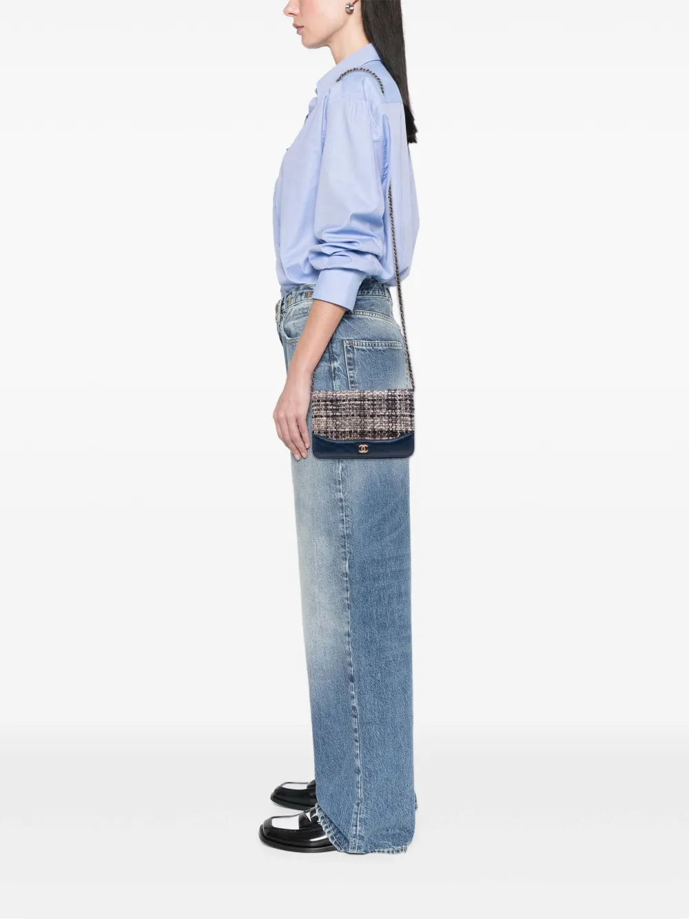 Pre-owned Chanel 2018 Quilted Tweed And Calfskin Gabrielle Wallet On Chain Crossbody Bag In Blue