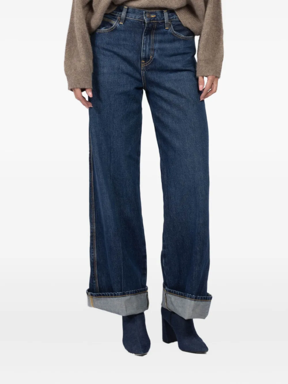 Frame The Cuffed Wide High-rise Wide-leg Jeans In Blue