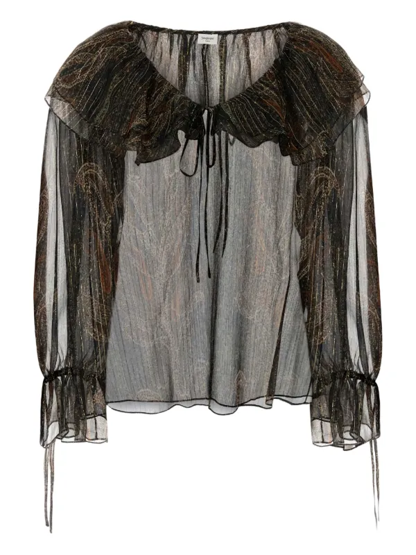 Saint Laurent Ruffled Printed Silk Blouse in Brown