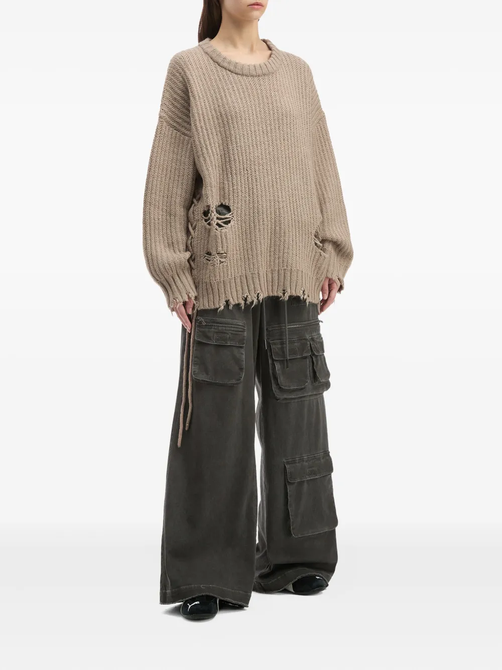 Izzue Distressed Ribbed Knit Sweater In Brown