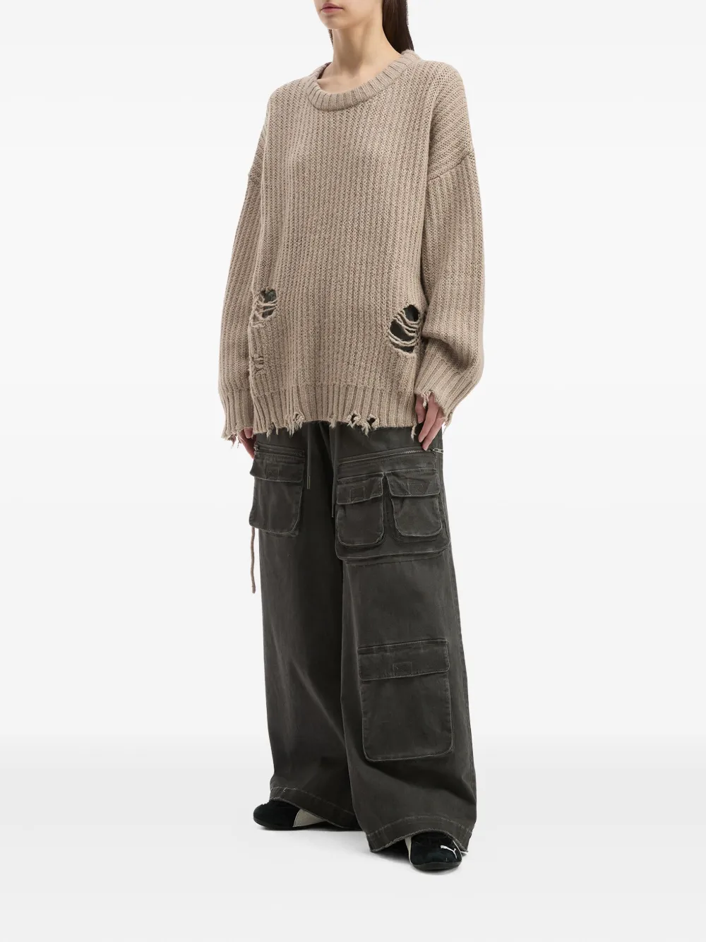 Izzue Distressed Ribbed Knit Sweater In Brown