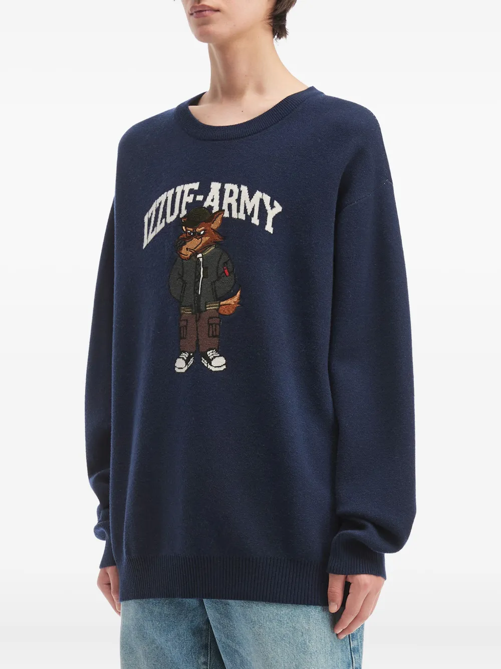 izzue Trui met ronde hals en vossenapplicatie Blauw