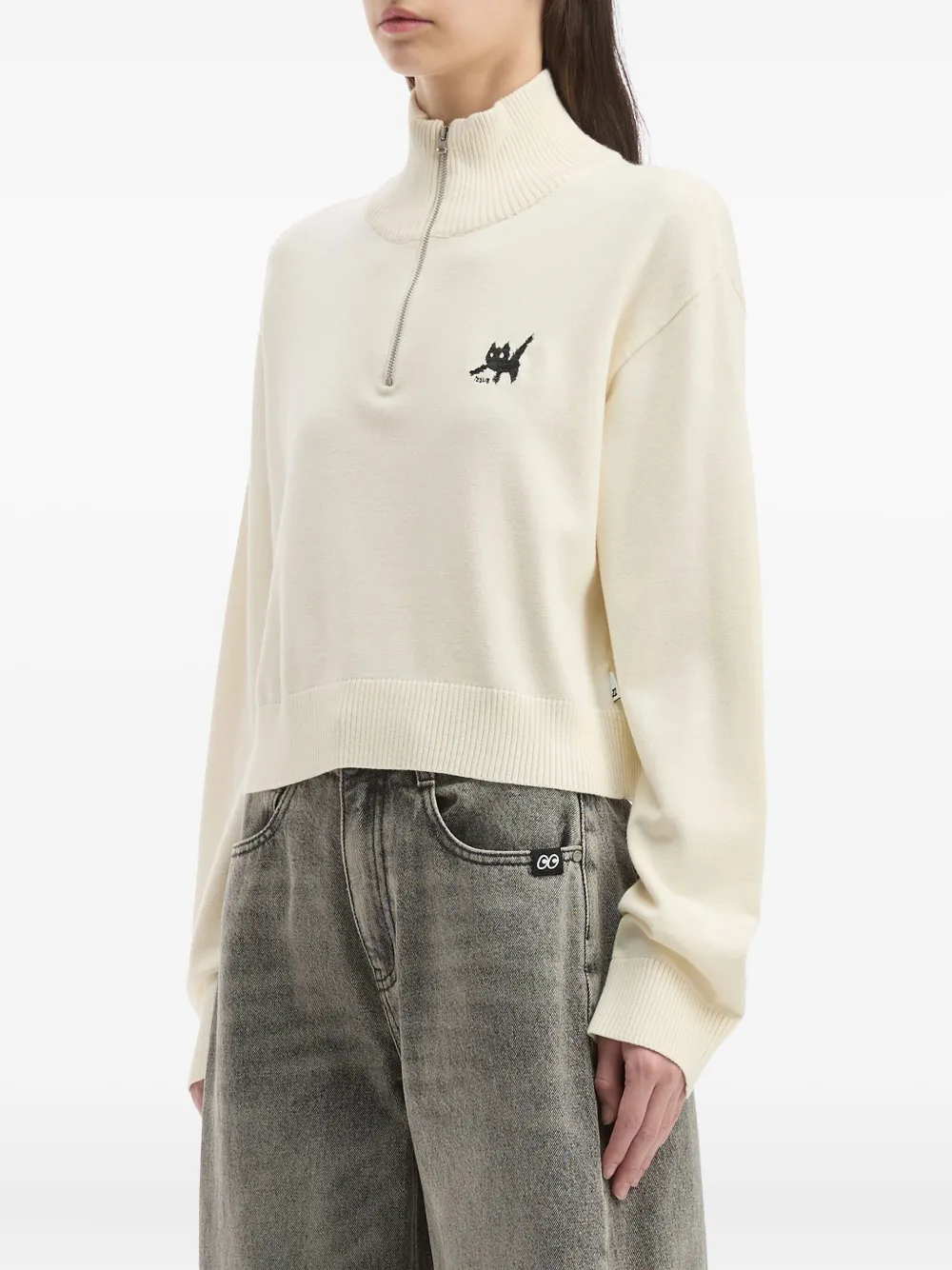 Izzue Cat-embroidered Half-zip Sweater In Neutral