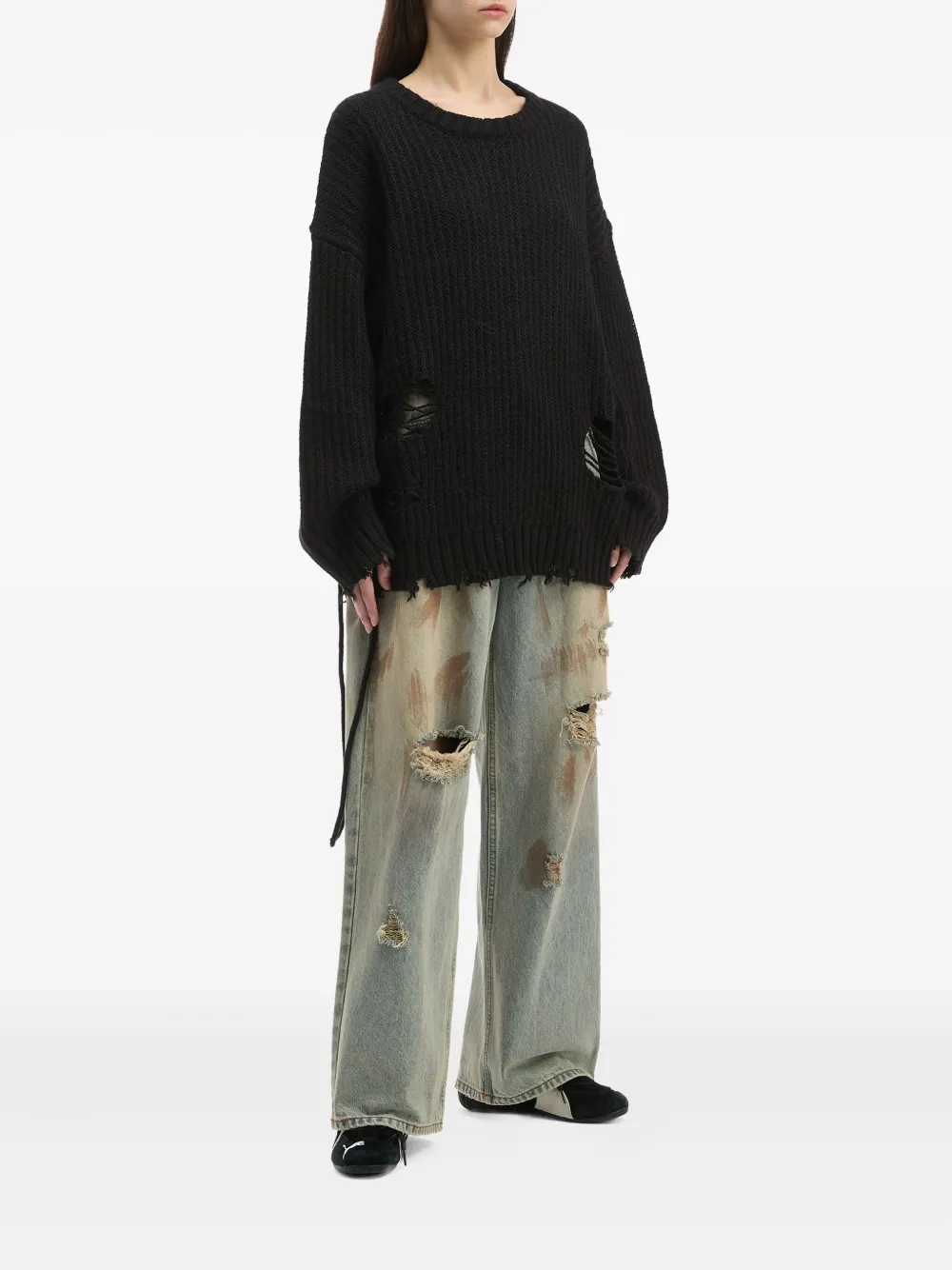 Izzue Distressed Side-lace Sweater In Black