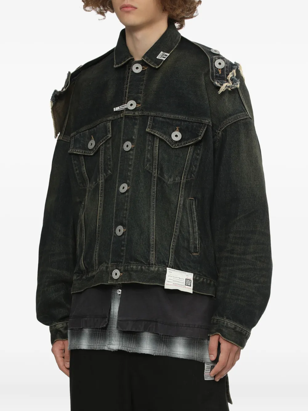Miharayasuhiro Frayed-detail Denim Jacket In Green