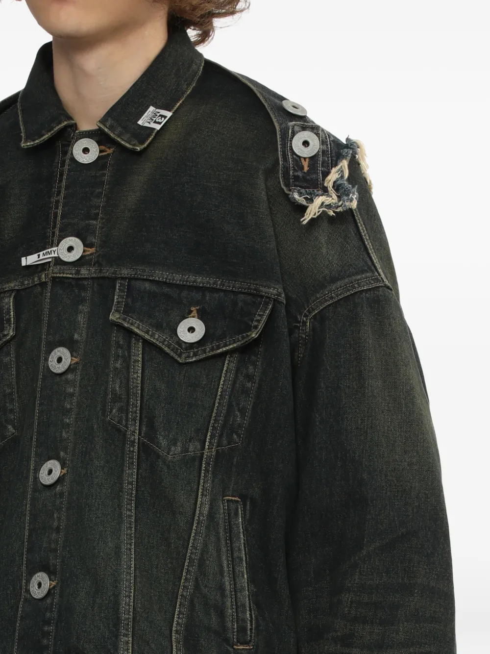 Miharayasuhiro Frayed-detail Denim Jacket In Green
