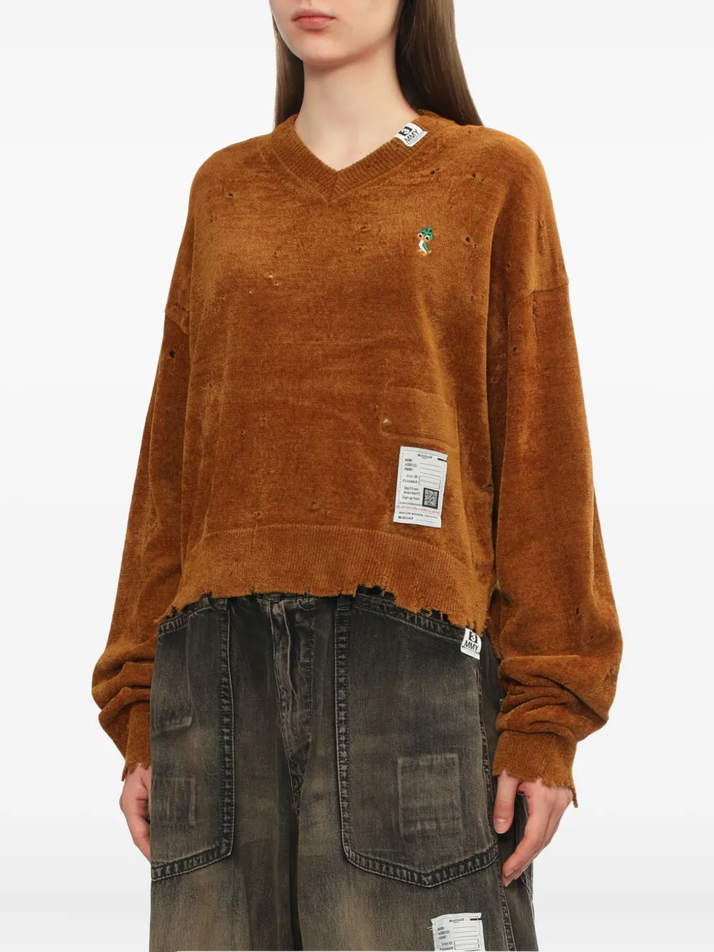 Miharayasuhiro Frayed V-neck Sweater In Brown