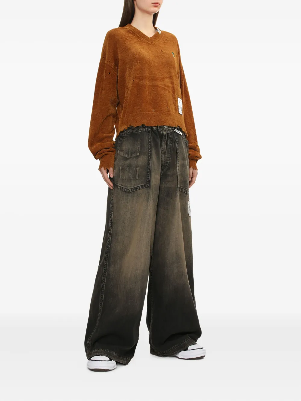 Miharayasuhiro Frayed V-neck Sweater In Brown