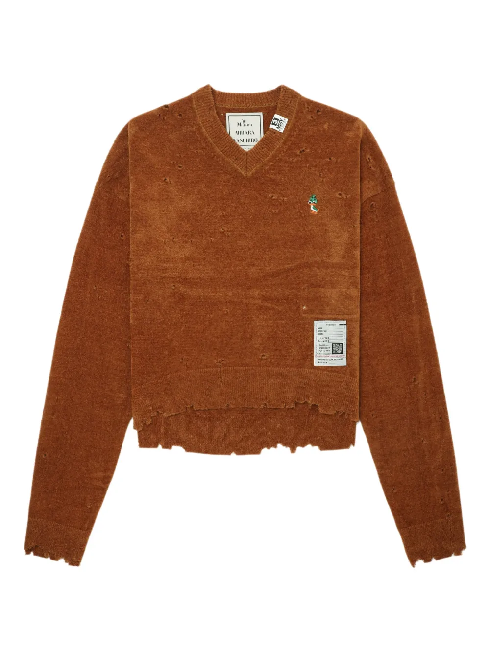 Maison MIHARA YASUHIRO frayed V-neck sweater - ブラウン Maison MIHARA YASUHIRO frayed V-neck sweater - ブラウン